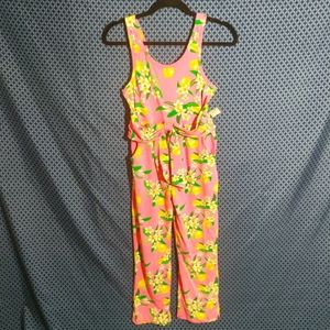 Poof Girl - Light pink jumpsuit with lemons, leaves and front bow. New. Size- XL